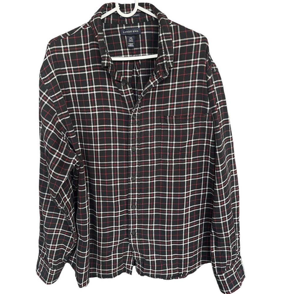 Lands End Flannel Shirt Mens XXL 2X Black Red Button Up Portuguese Flannel‎